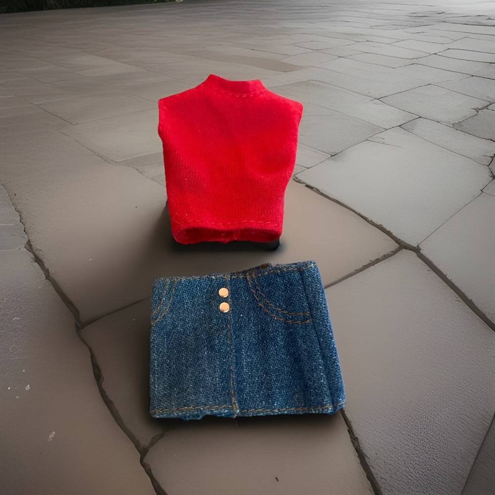 Vintage Barbie Outfit Red Top Denim Mini Skirt Blue Medium Wash